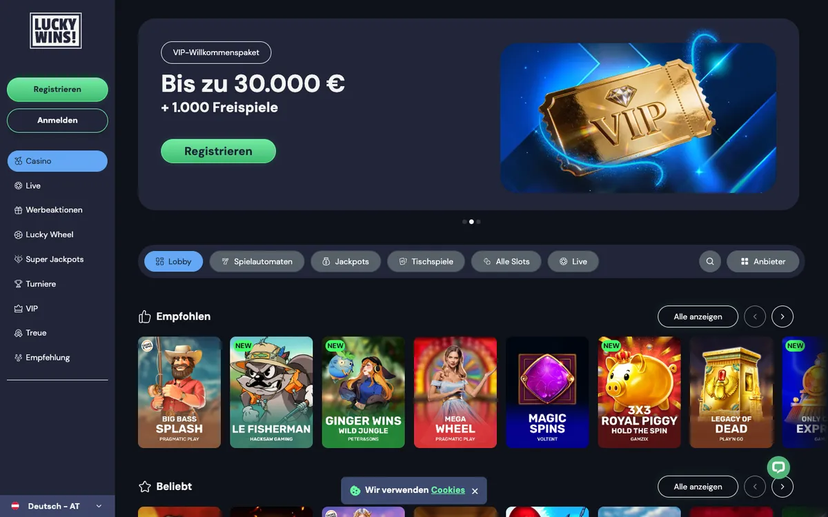 LuckyWins Casino — Home page, captured from Austria