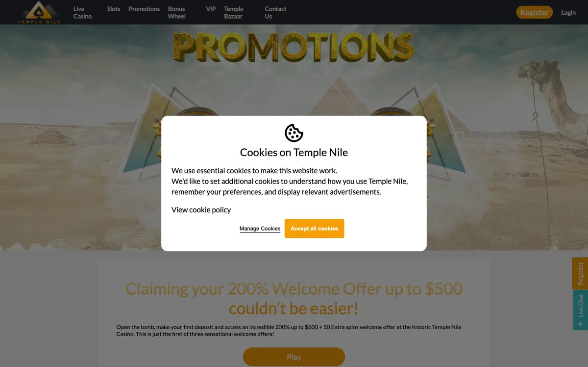 Temple Nile Casino — Promotions, captured from New Zealand