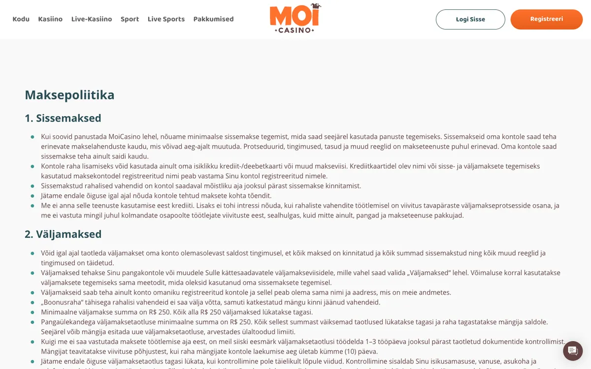 MoiCasino — Payments, captured from Estonia