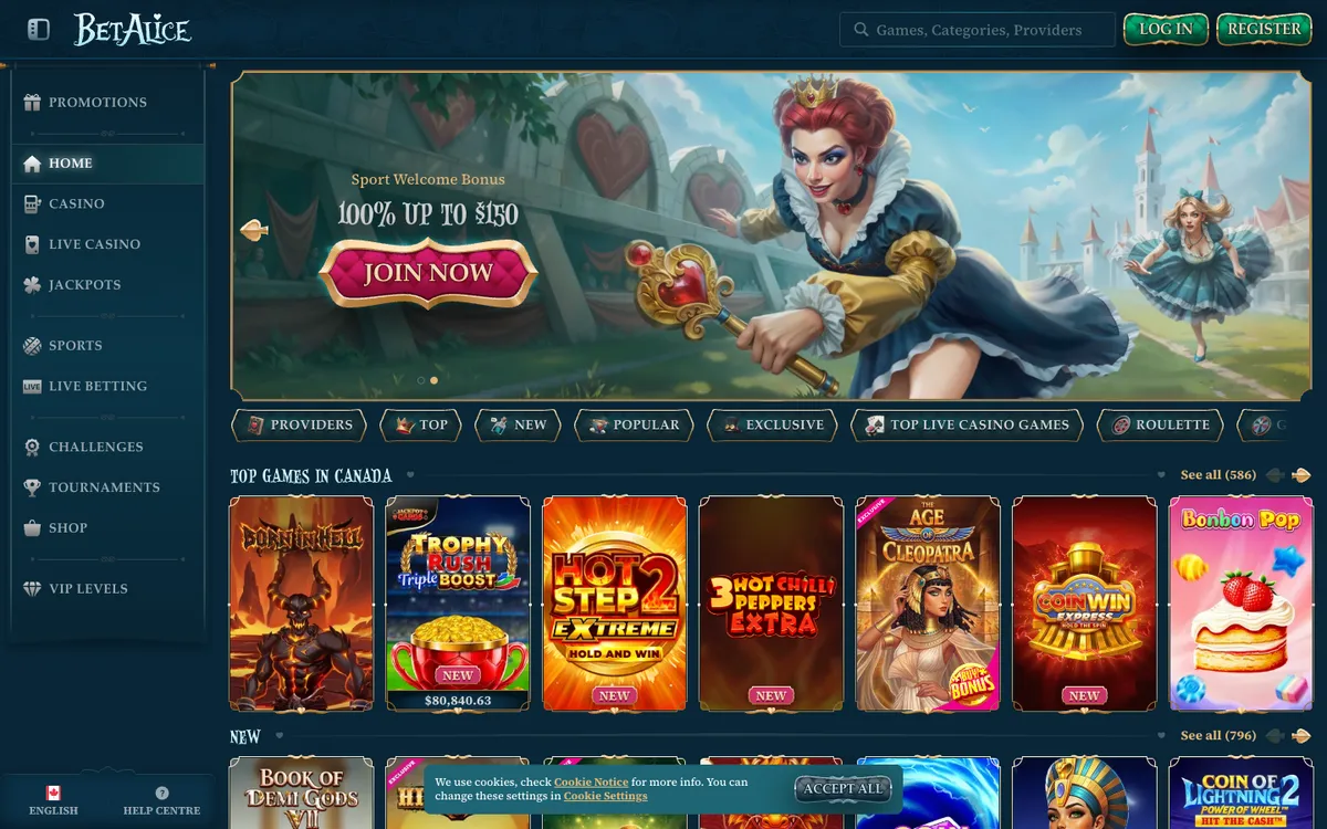 BetAlice Casino — Home page, captured from Canada