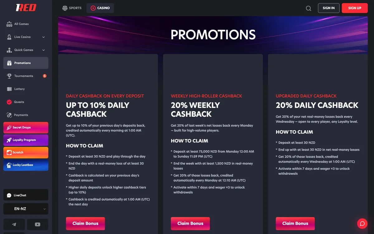 1Red Casino — «Акции», снято из страны Новая Зеландия