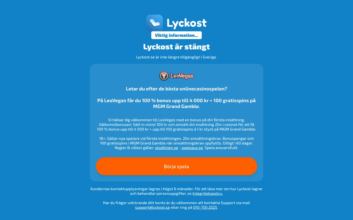 Lyckost Casino — Home page, captured from Sweden