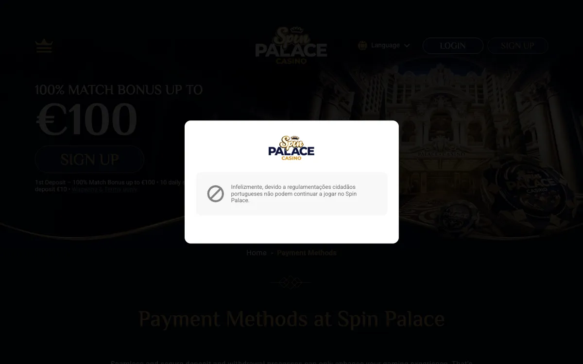 Spin Palace Casino — «Платежи», снято из страны Португалия