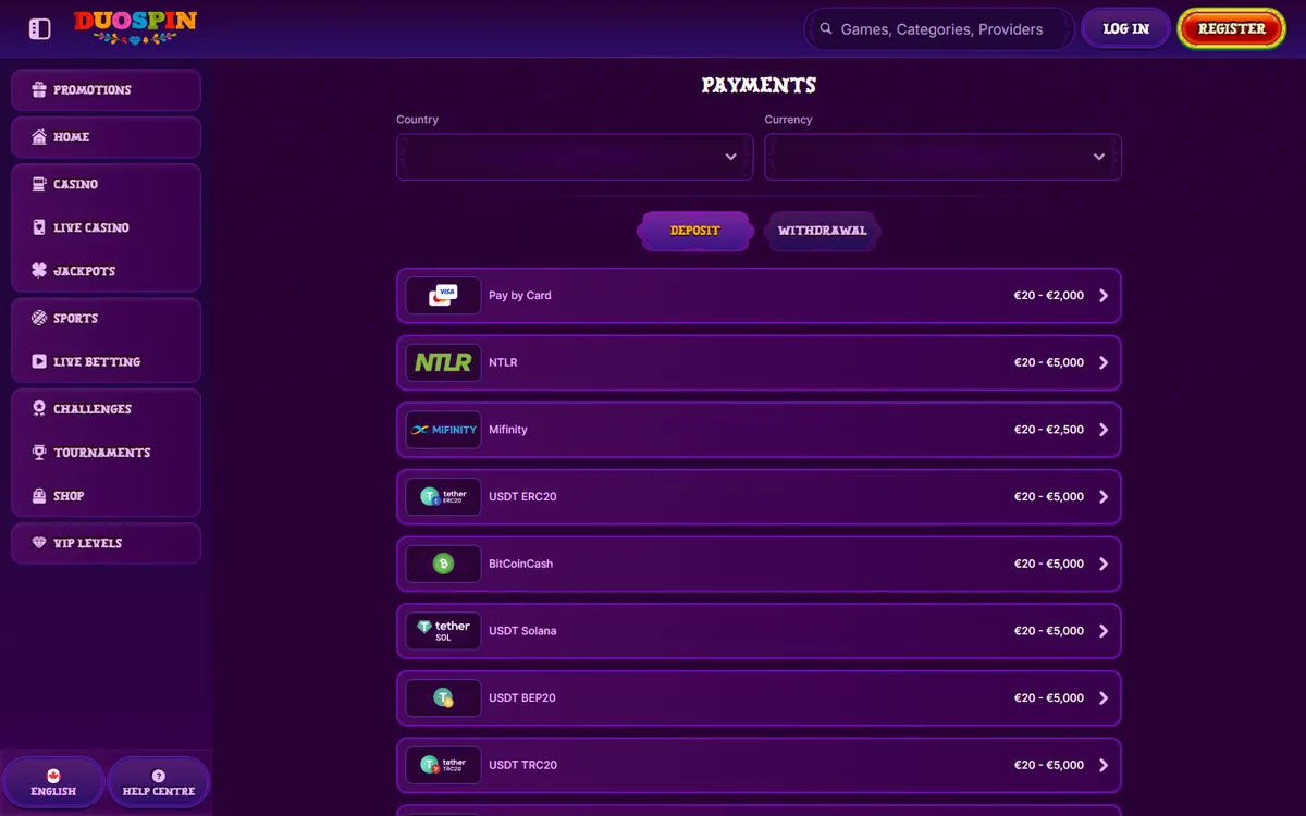 Duospin Casino — Payments, captured from Canada