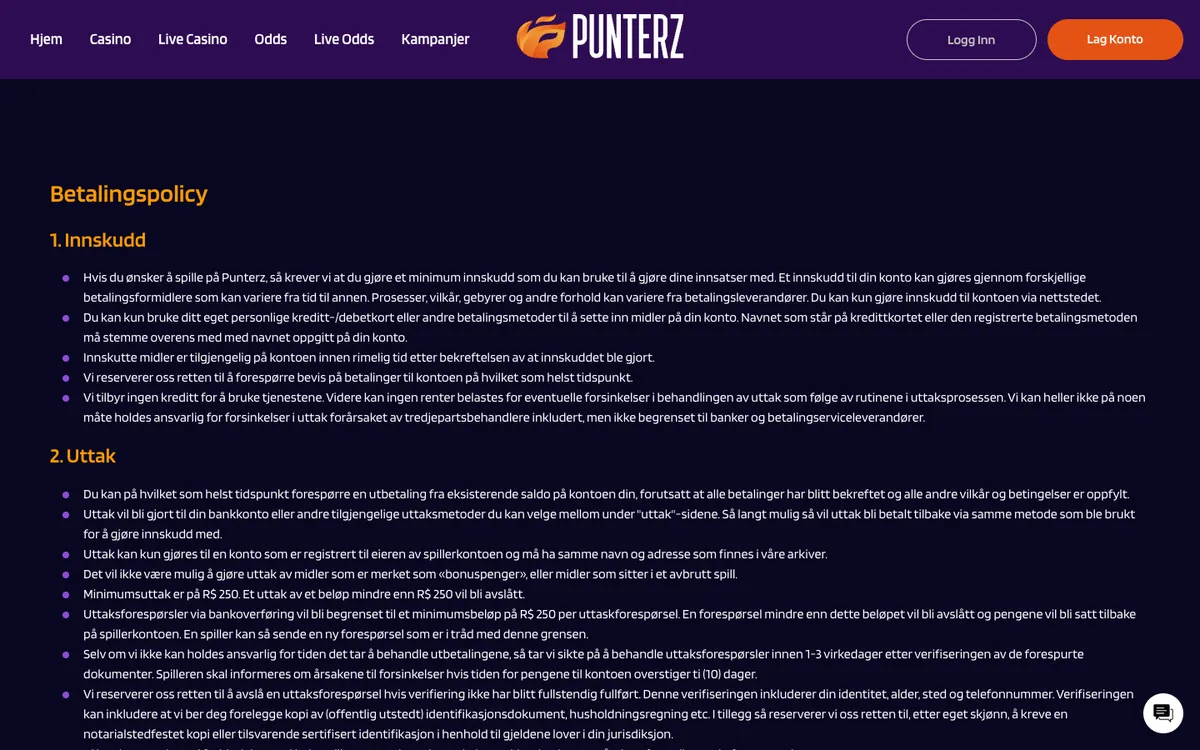 Punterz Casino — «Платежи», снято из страны Норвегия