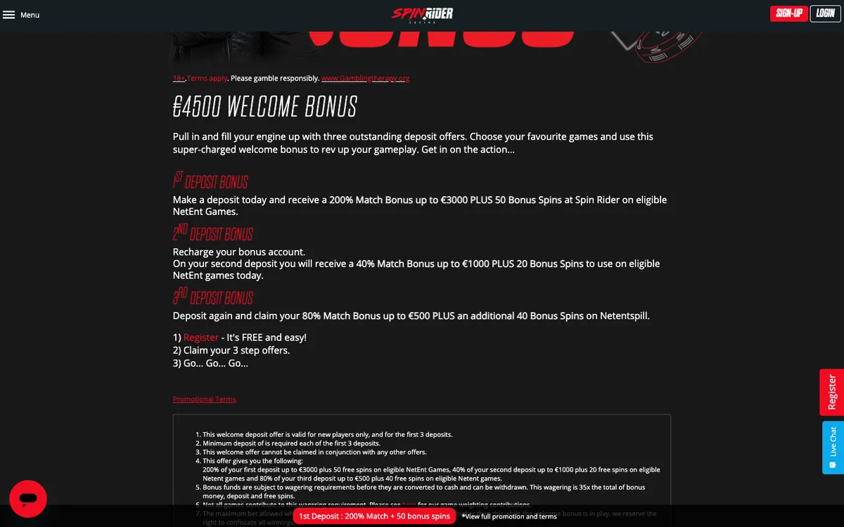 SpinRider Casino — Promotions, captured from Norway