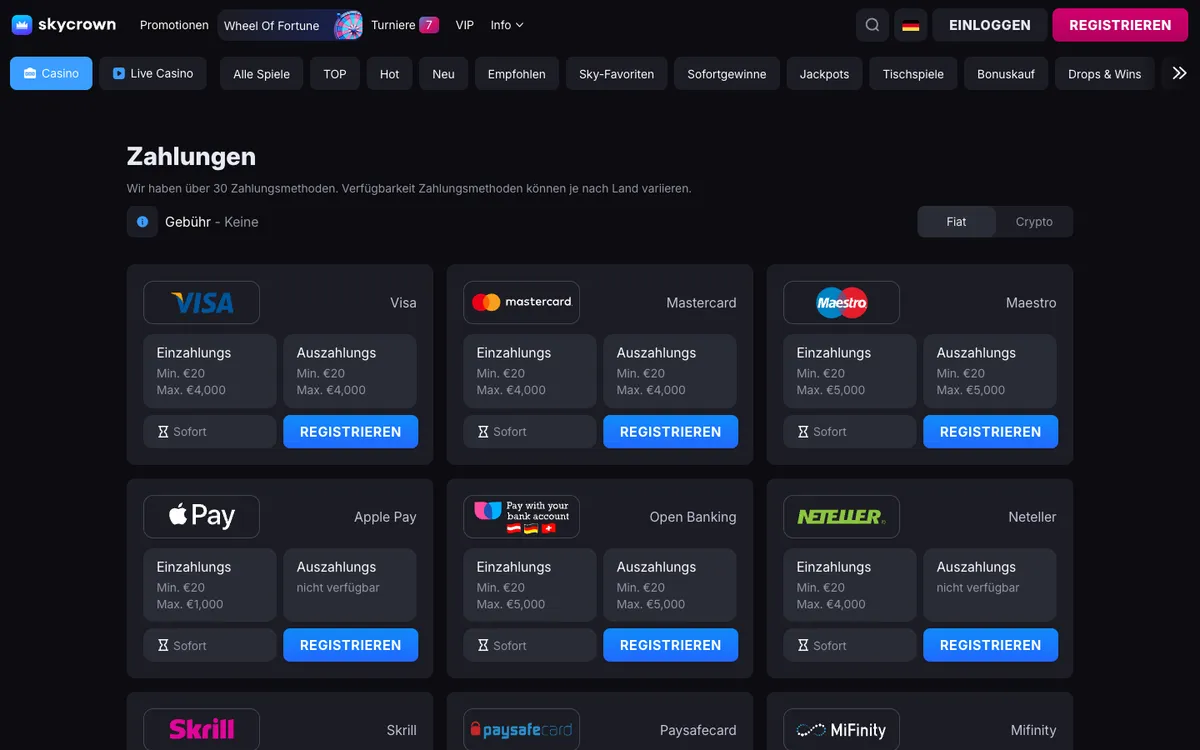Skycrown Casino — Payments, captured from Germany