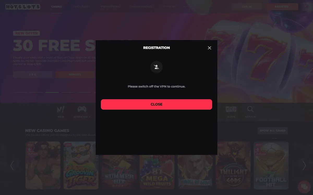 HotSlots Casino — Sign-up, captured from Mexico