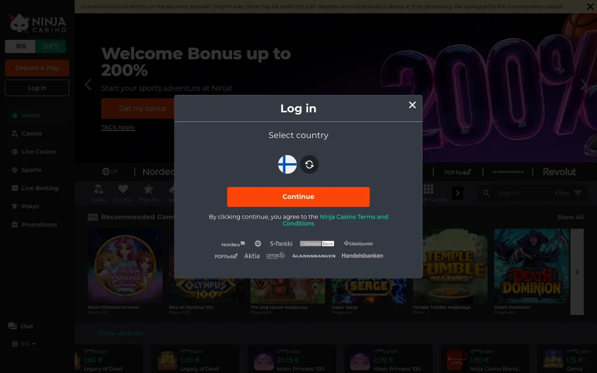 Ninja Casino — Sign-up, captured from Estonia