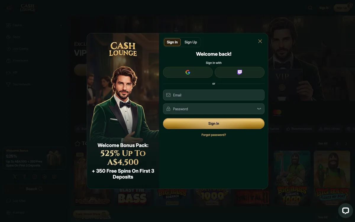 Cash Lounge Casino — Sign-up, captured from Australia