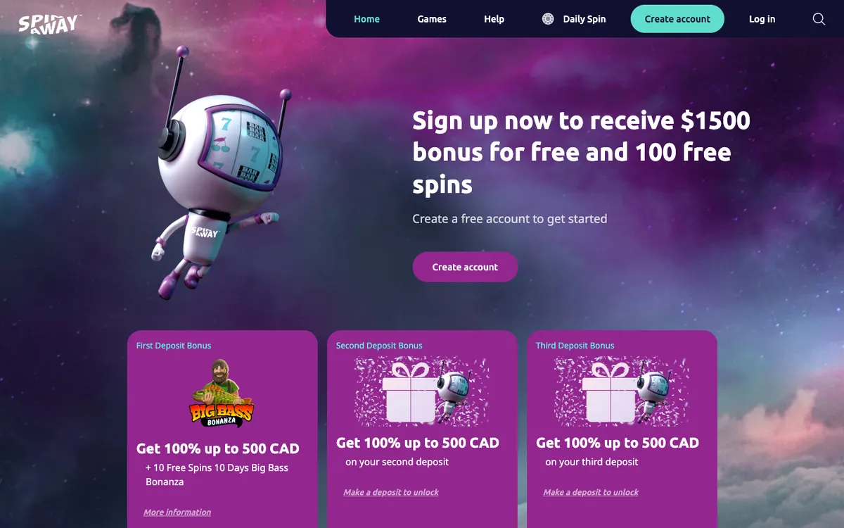 Spin Away Casino — Home page, captured from Canada