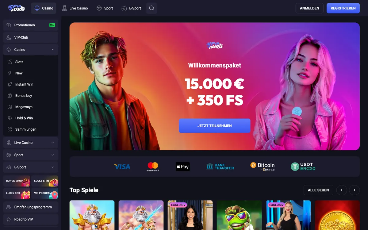 Spin Aura Casino — Home page, captured from Austria