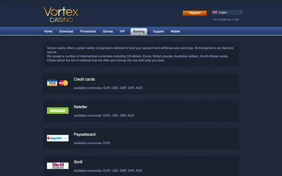 Vortex Casino — «Платежи», снято из страны Италия