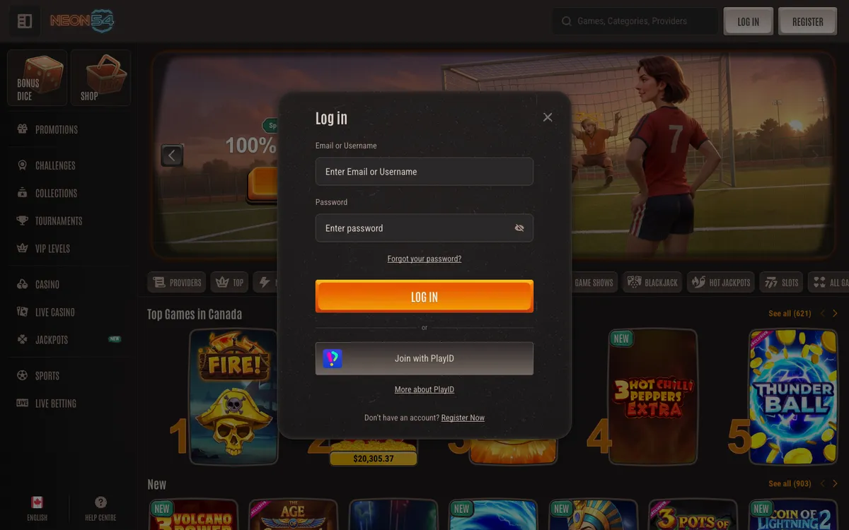 Neon54 Casino — Sign-up, captured from Canada