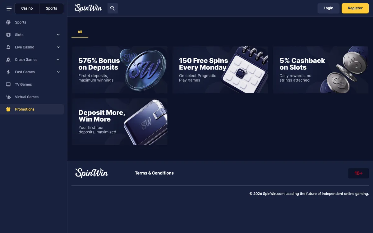 Spin Win Casino — Promotions, captured from Belgium