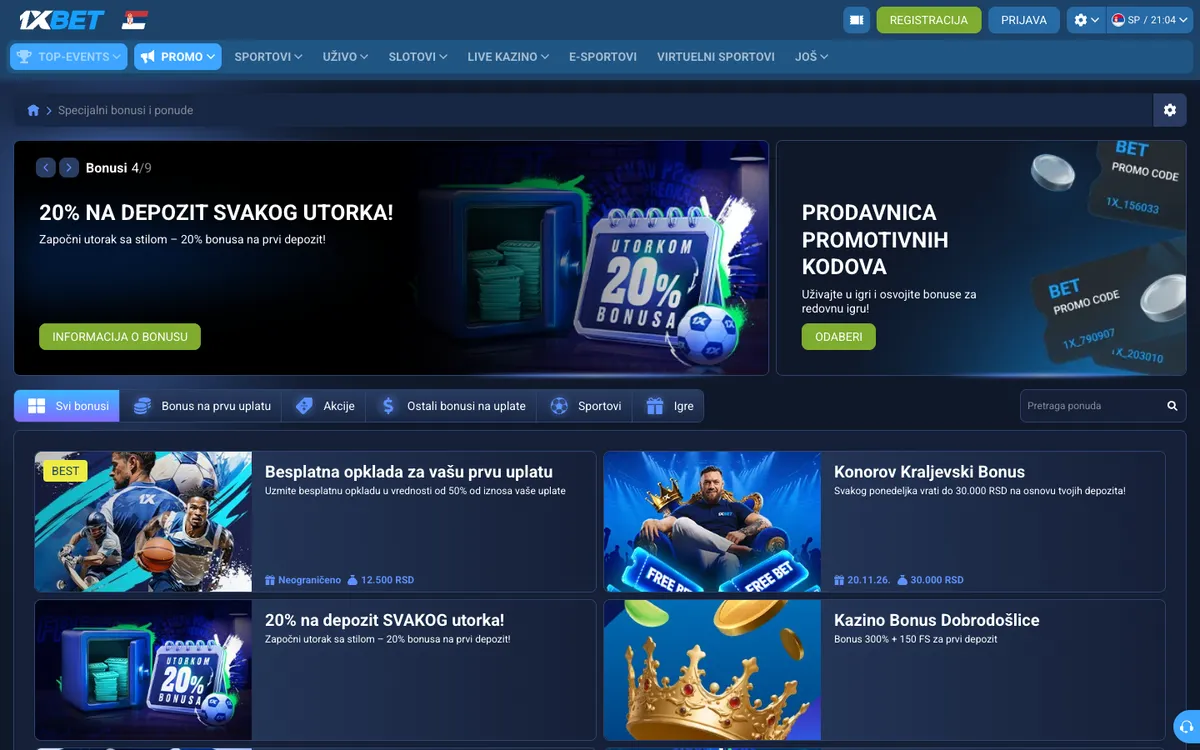 1xBet Casino — Promotions, captured from Serbia