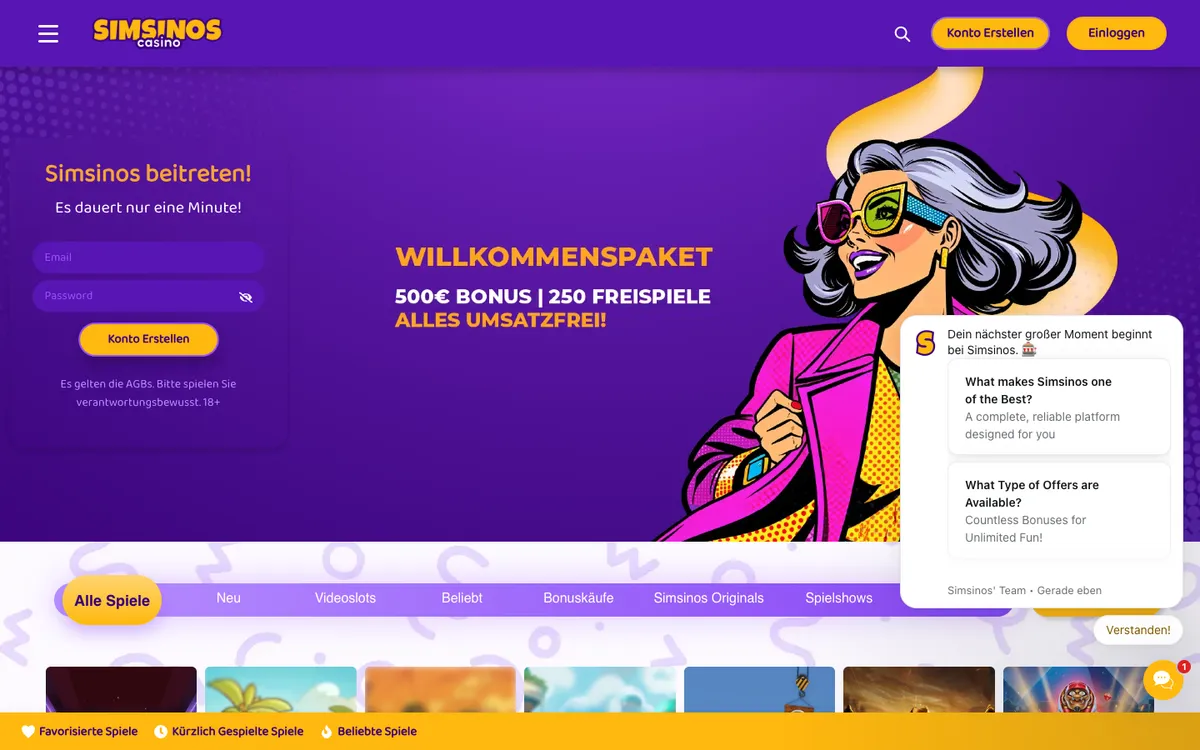 Simsinos Casino — Home page, captured from Germany