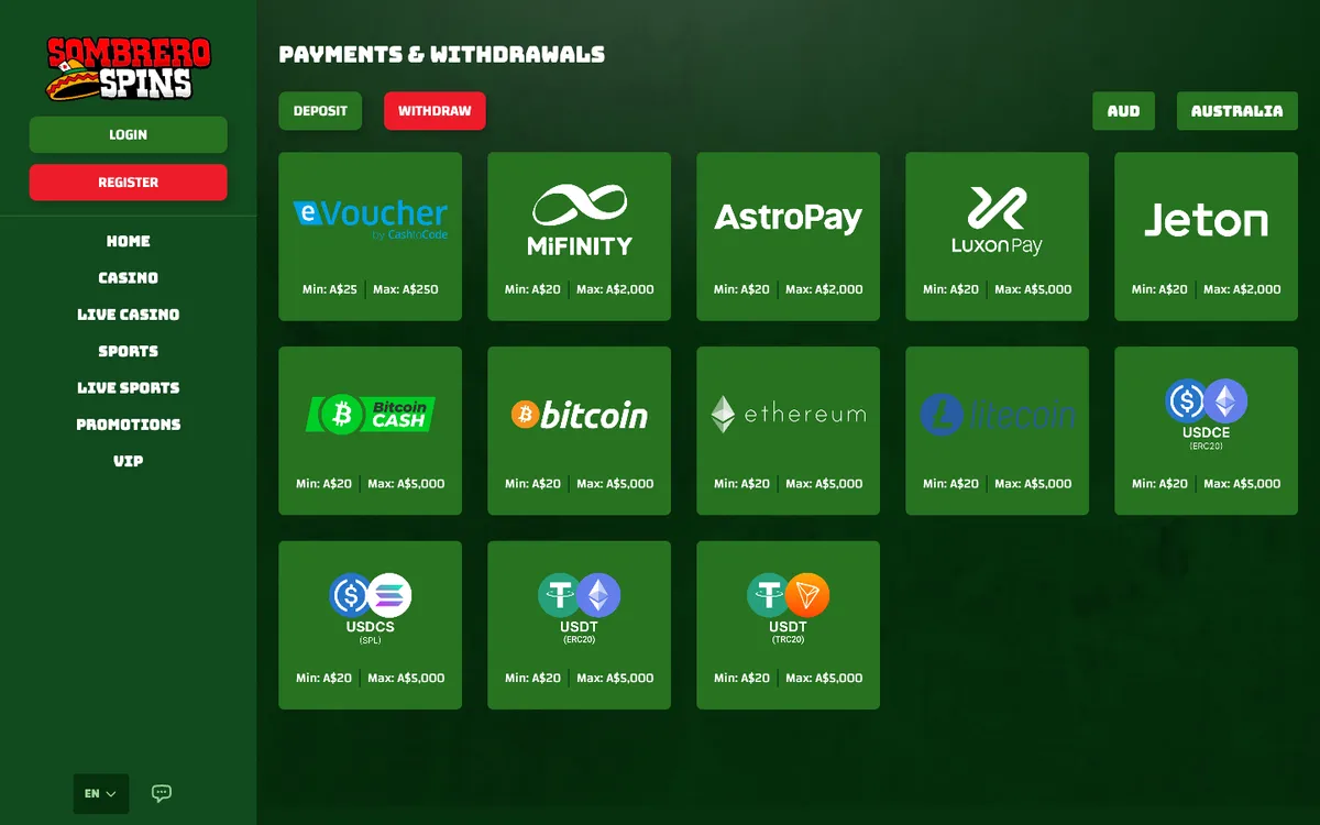 Sombrero Spins Casino — Payments, captured from Australia