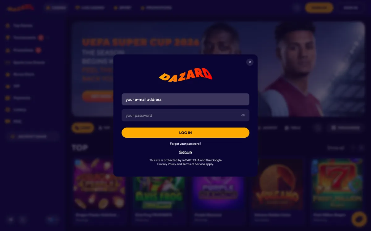 Dazard Casino — «Регистрация», снято из страны Австралия