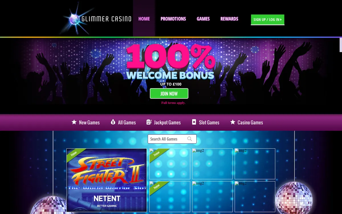 Glimmer Casino — Home page, captured from United Kingdom