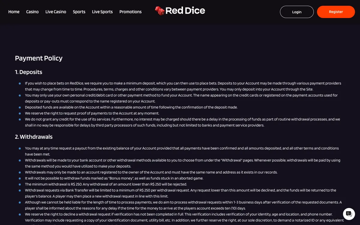 Red Dice Casino — Payments, captured from Belgium