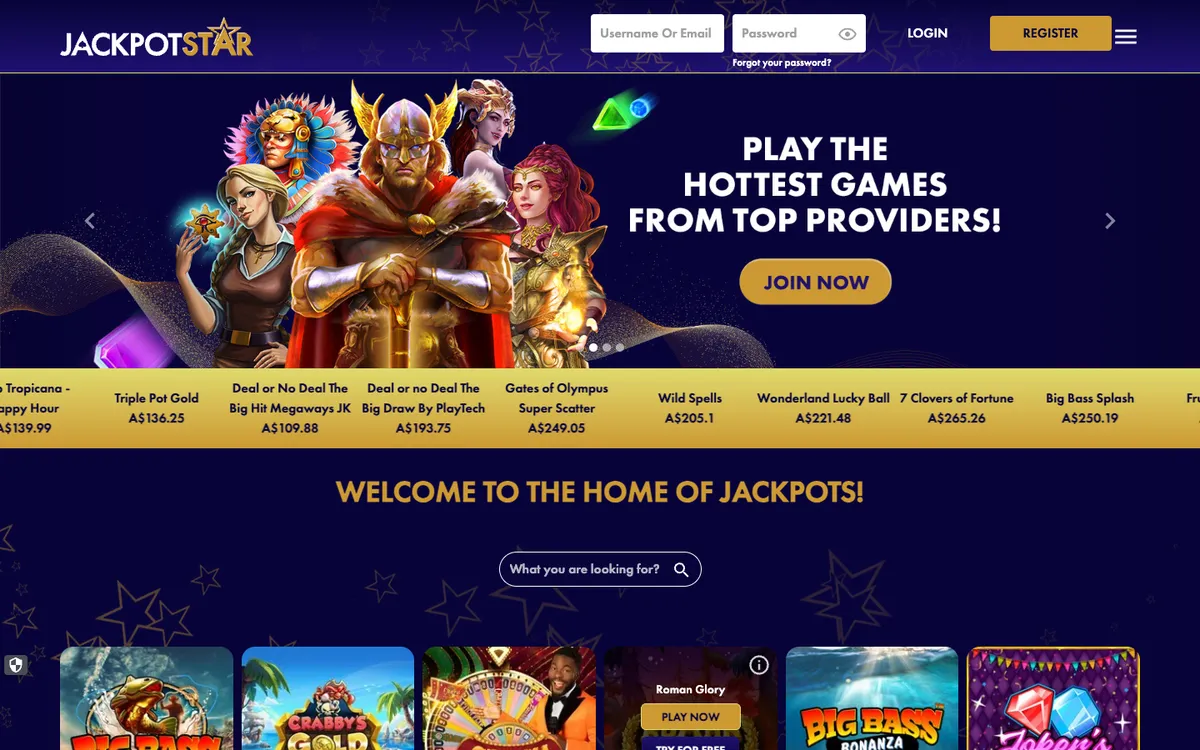 Jackpot Star Casino — Home page, captured from Australia