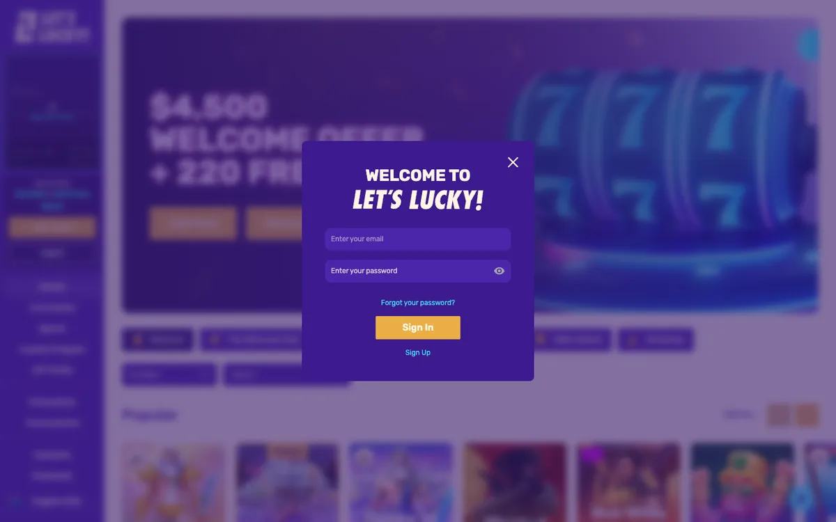LetsLucky Casino — «Регистрация», снято из страны Новая Зеландия