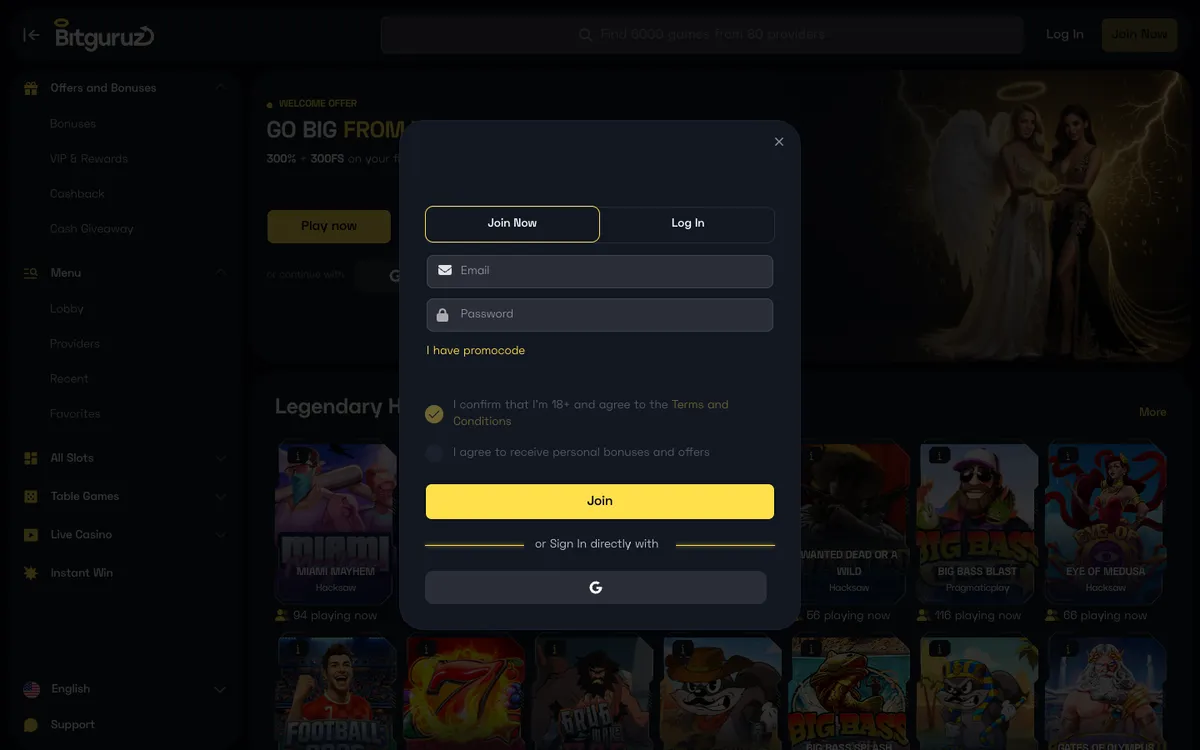 Bitguruz Casino — «Регистрация», снято из страны Мексика