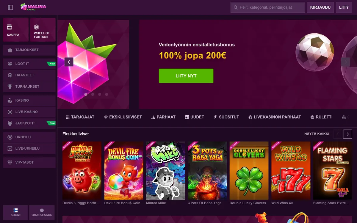 MalinaCasino — Home page, captured from Finland