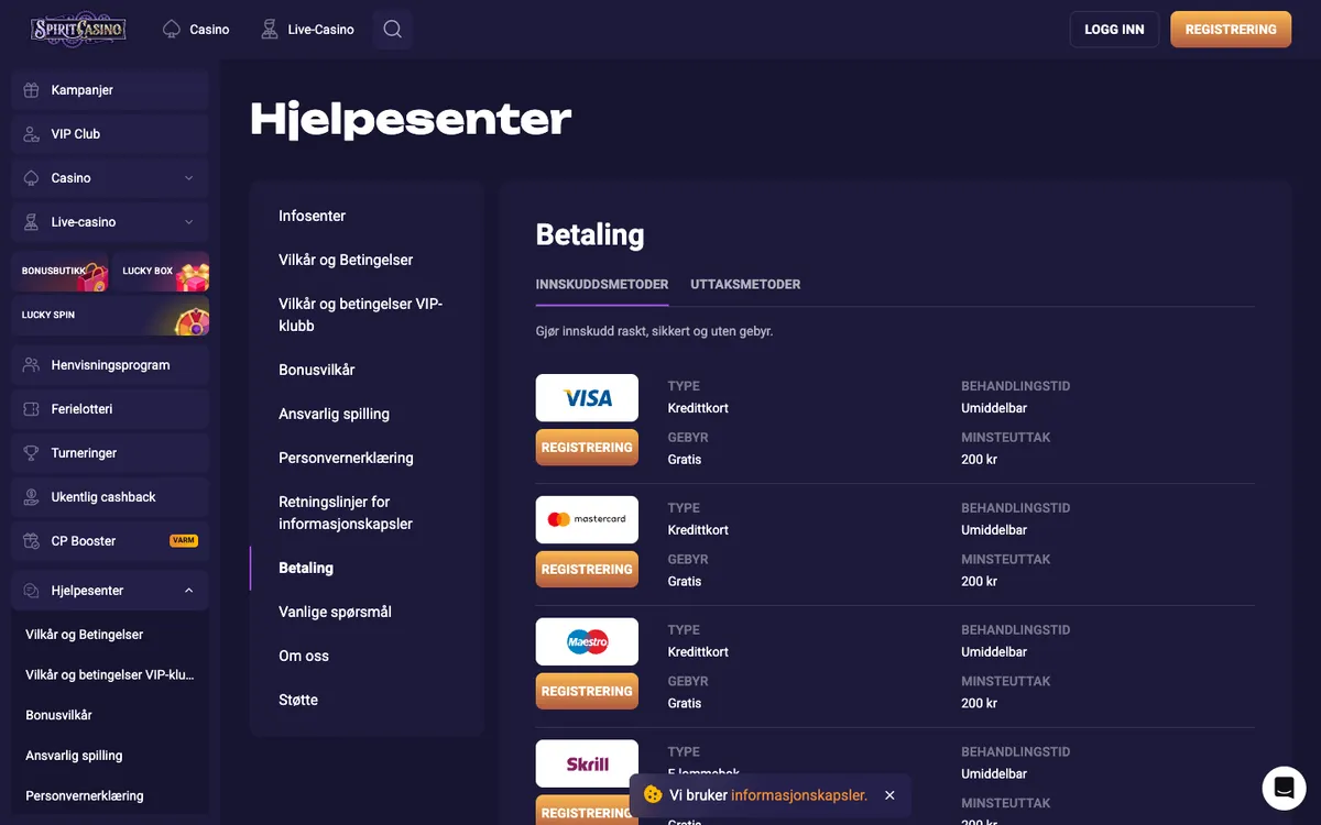 Spirit Casino — Payments, captured from Norway