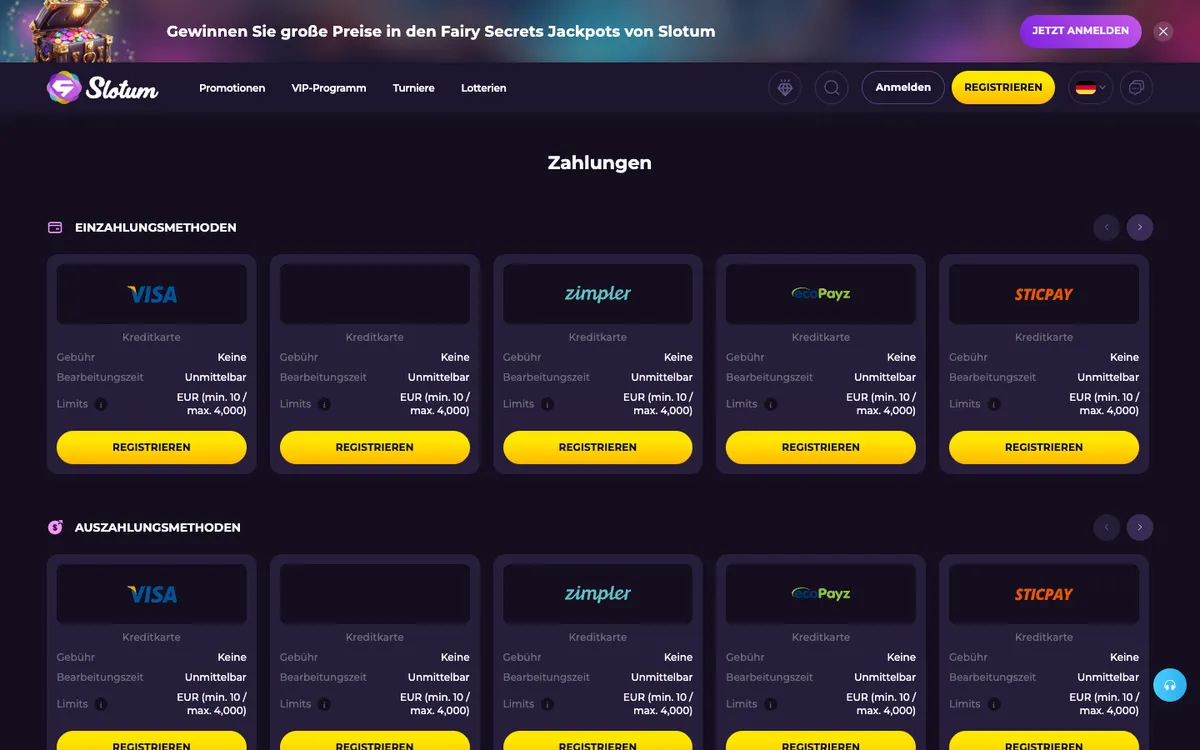 Slotum Casino — Payments, captured from Germany