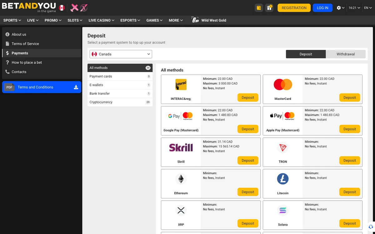 Betandyou Casino — Payments, captured from Canada
