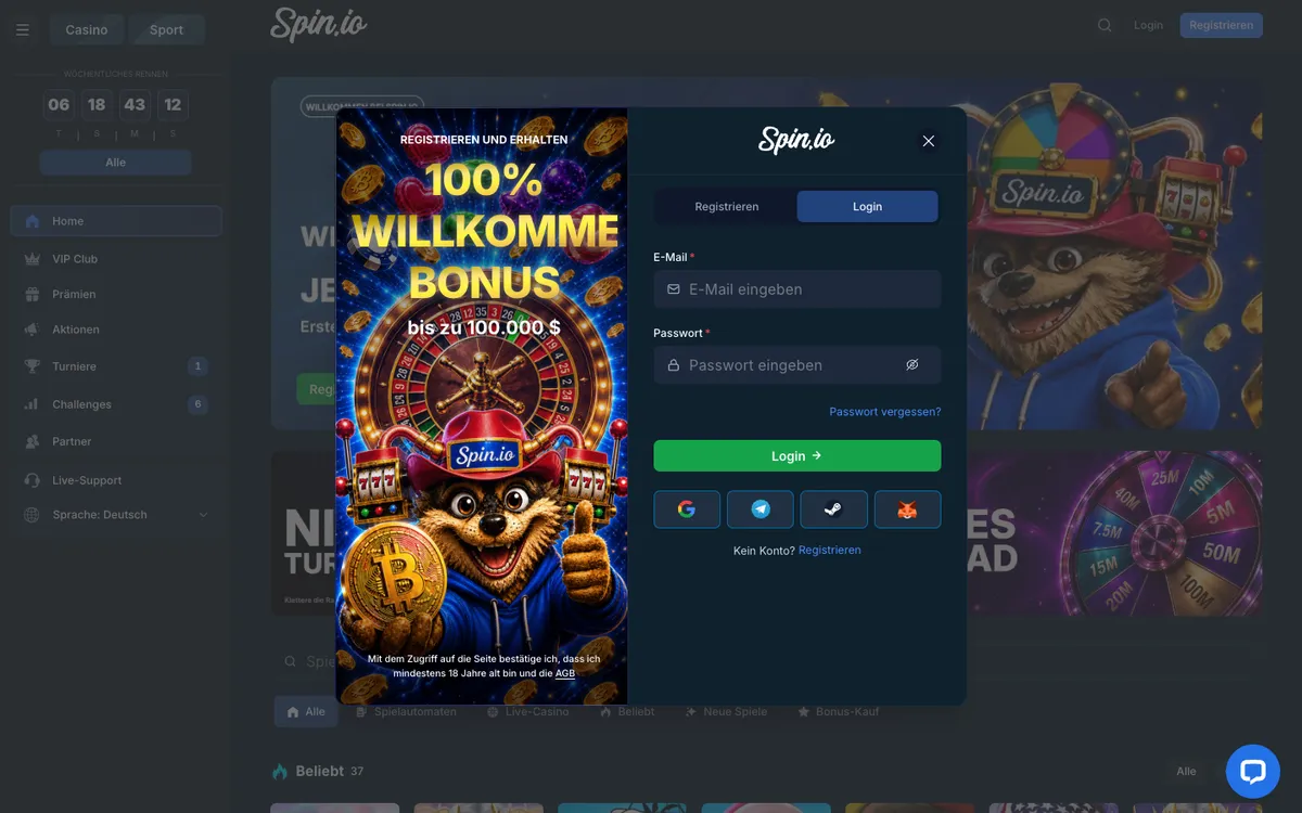 Spin.io Casino — Sign-up, captured from Austria