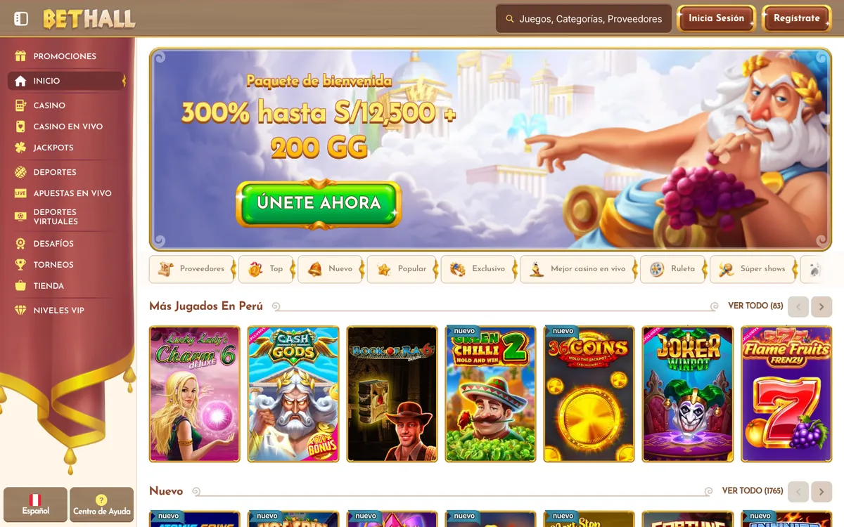 BetHall Casino — Home page, captured from Peru