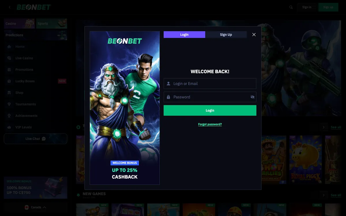 BeonBet Casino — Sign-up, captured from Canada