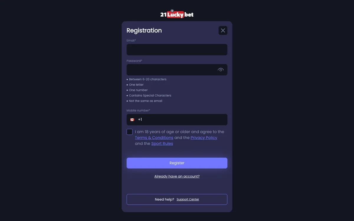 21LuckyBet Casino — Sign-up, captured from Canada