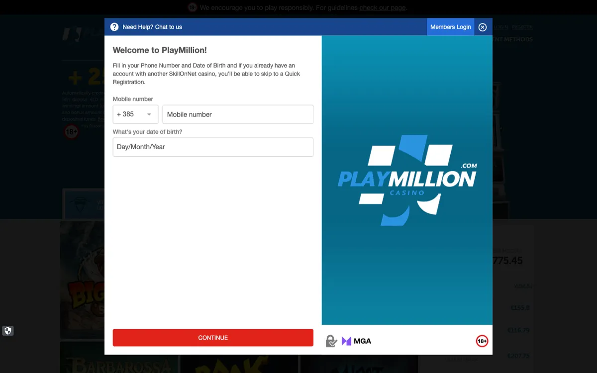 Play Million Casino — Sign-up, captured from Croatia