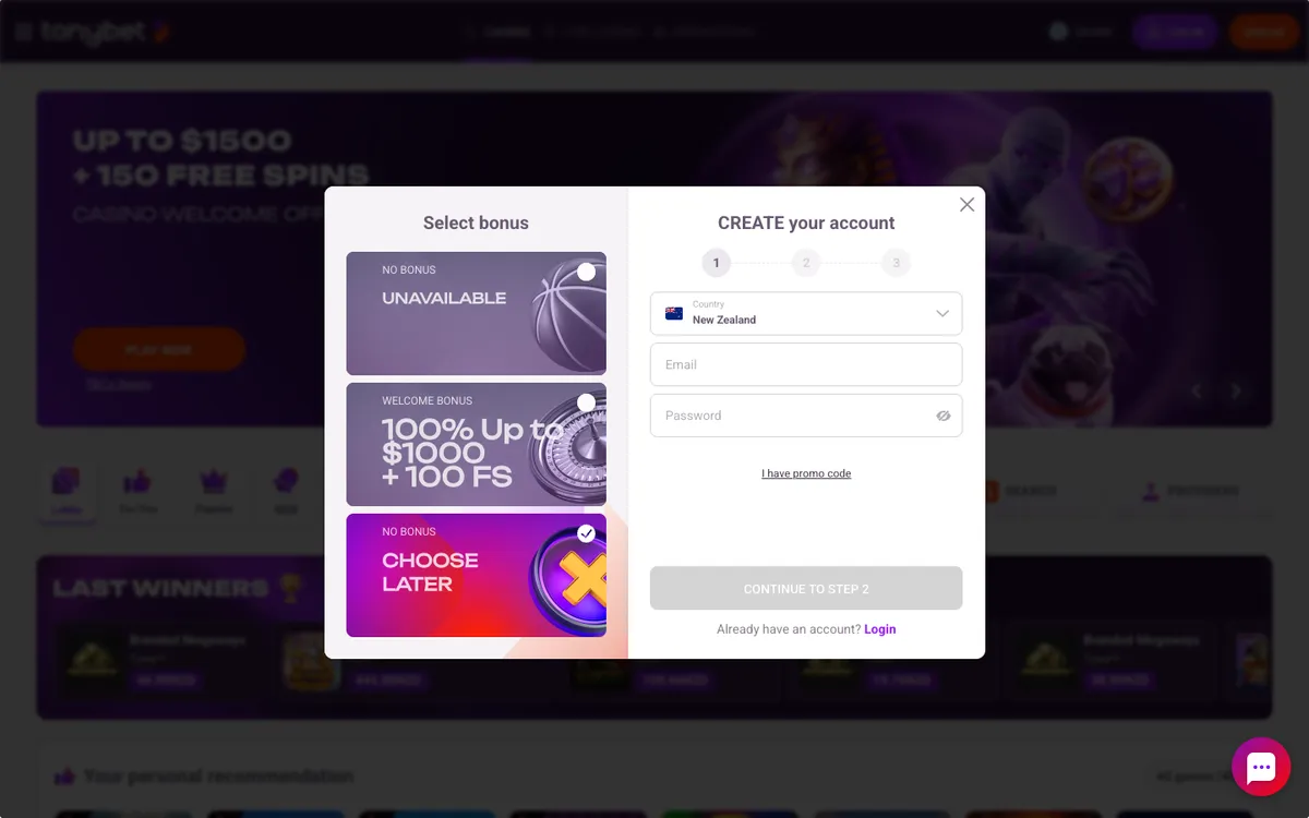 TonyBet Casino — Sign-up, captured from New Zealand
