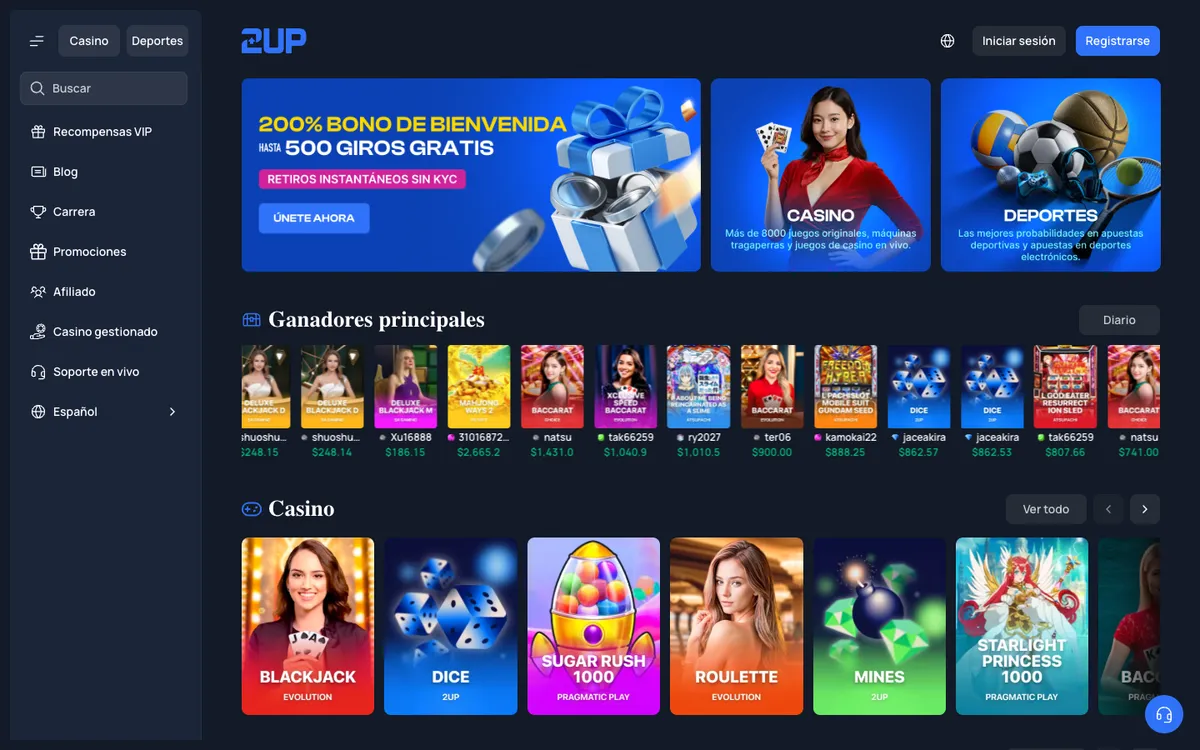 2UP Casino — Home page, captured from Chile