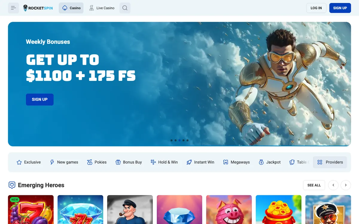 Rocket Spin Casino — Home page, captured from Australia