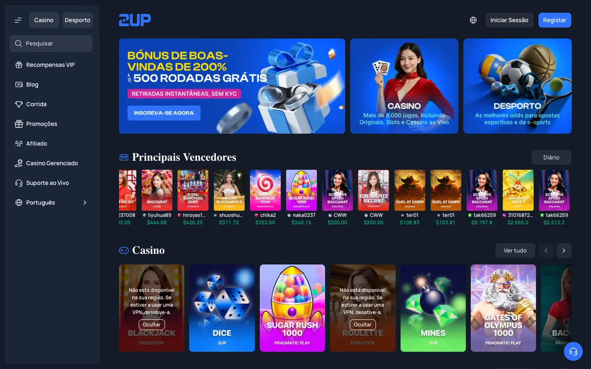 2UP Casino — Home page, captured from Portugal