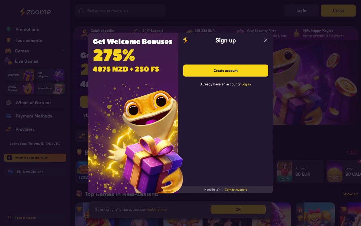 Zoome Casino — «Регистрация», снято из страны Новая Зеландия