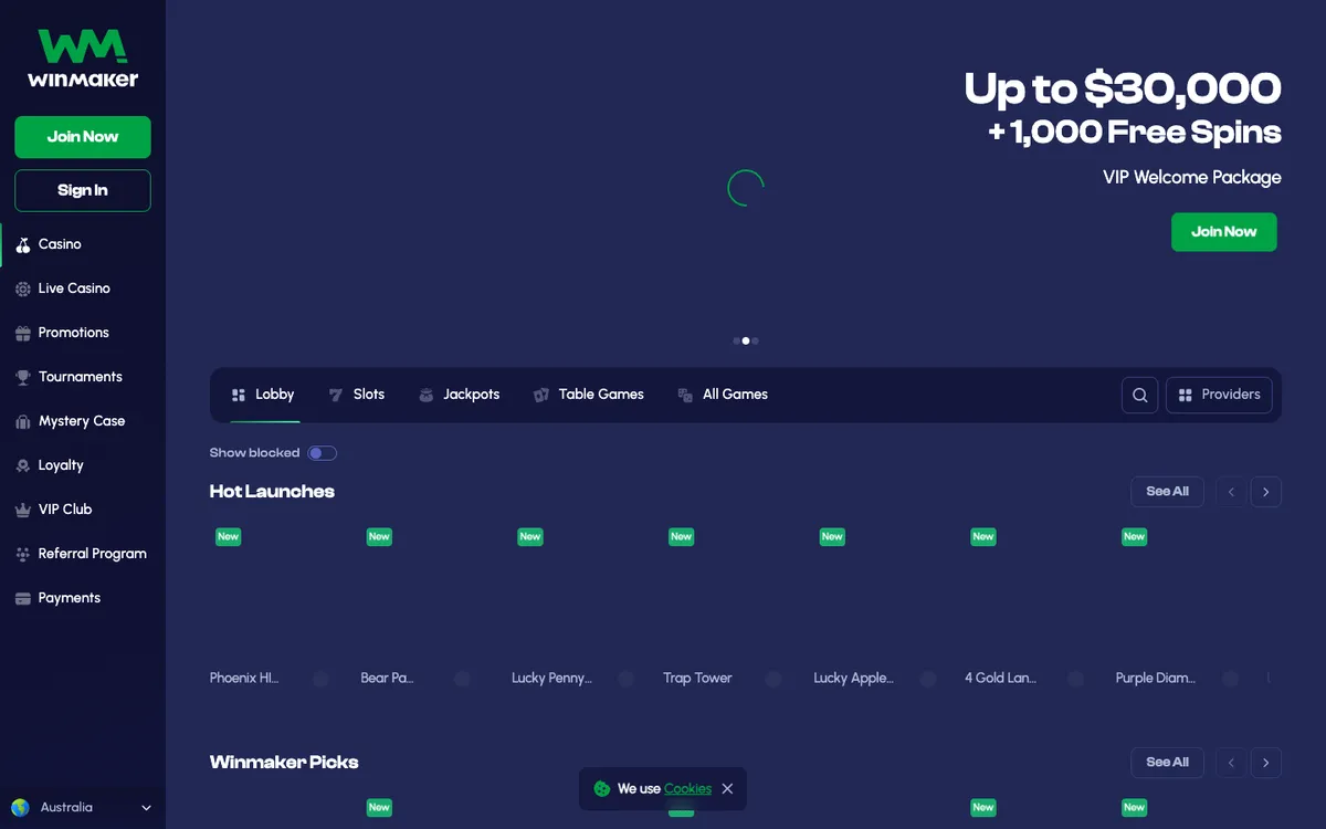 Winmaker Casino — Home page, captured from Australia