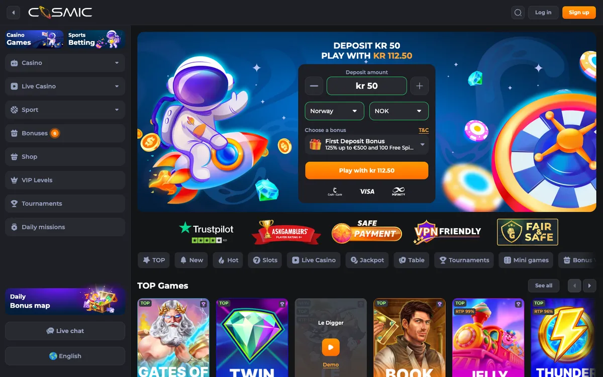 CosmicSlot Casino — «Главная», снято из страны Норвегия