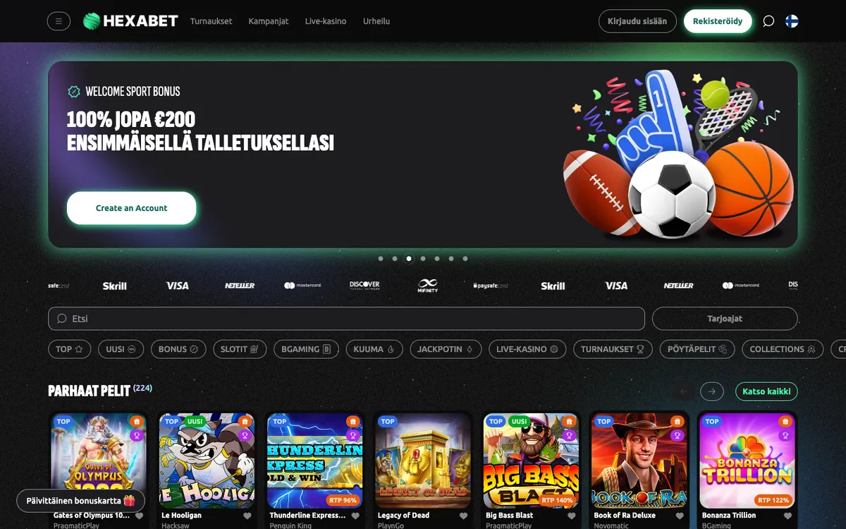 Hexabet Casino — Home page, captured from Finland
