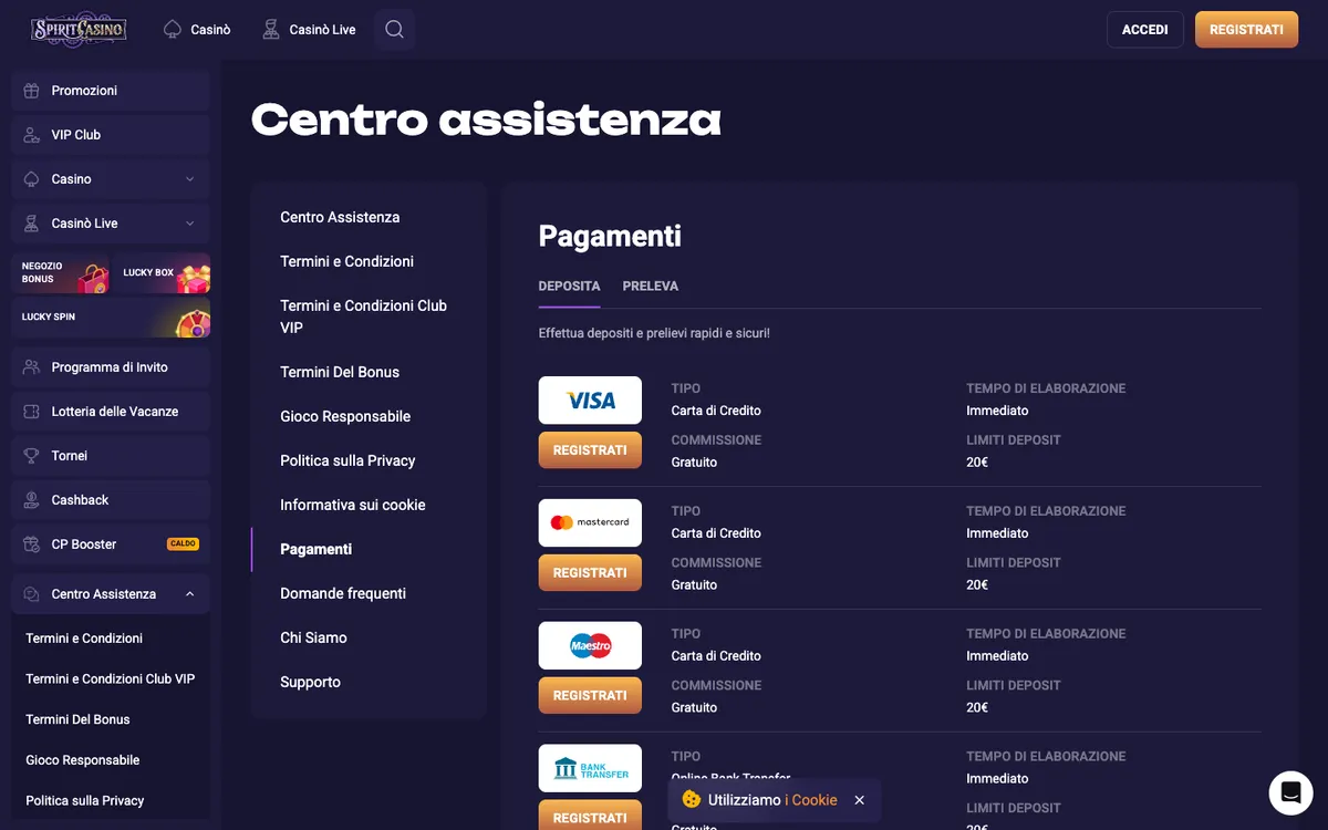 Spirit Casino — Payments, captured from Italy