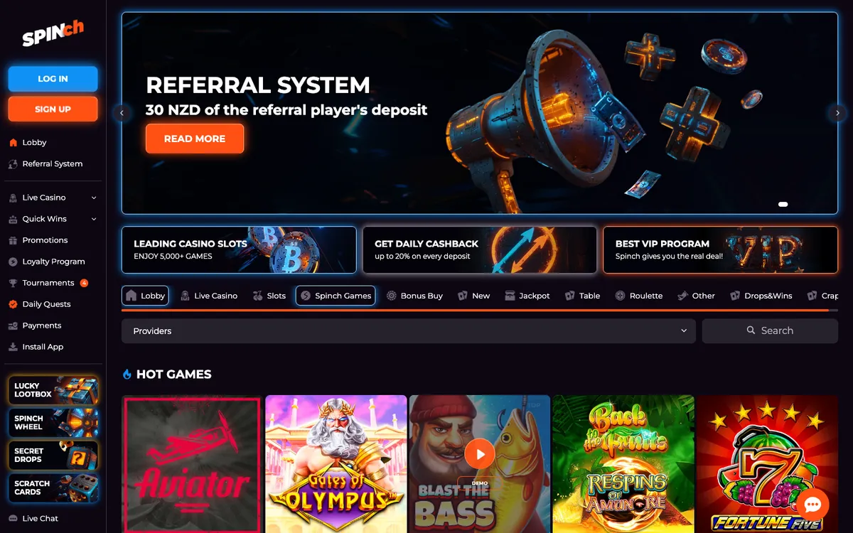 Spinch Casino — «Регистрация», снято из страны Новая Зеландия