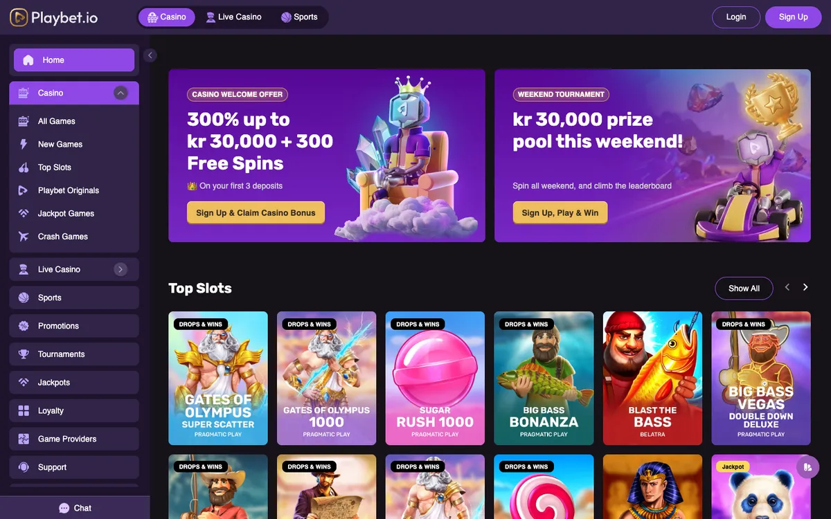 Playbet.io Casino — «Главная», снято из страны Норвегия