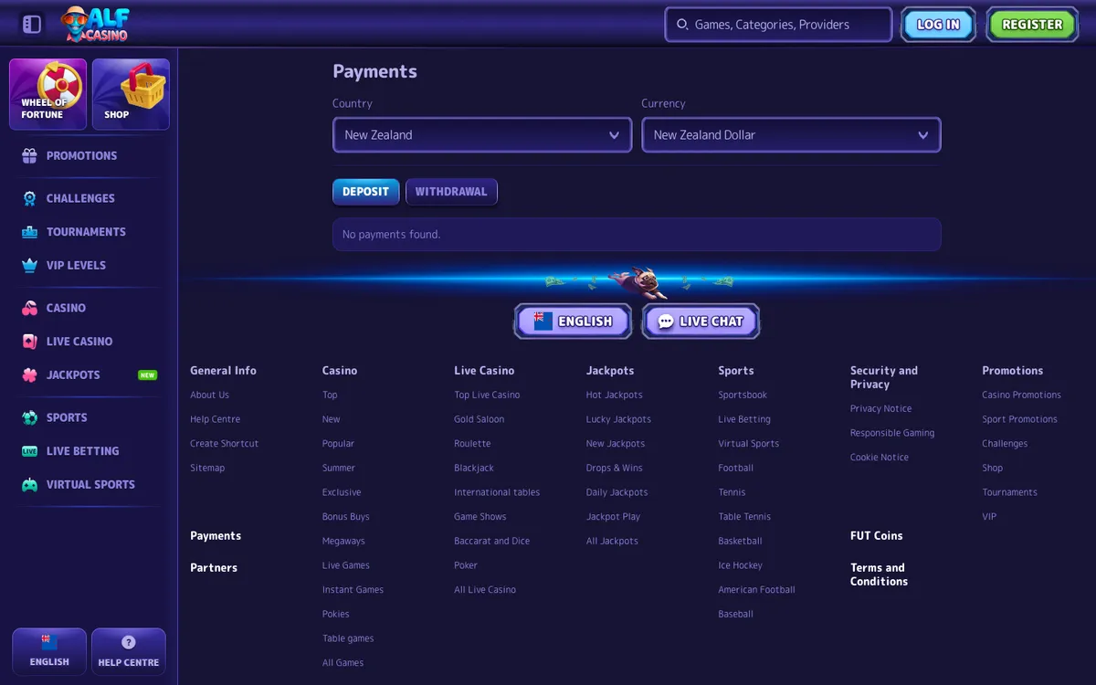 Alf Casino — Payments, captured from New Zealand
