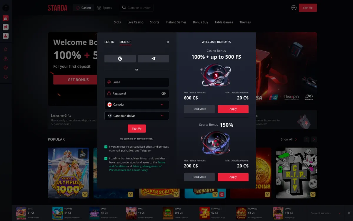 Starda Casino — Sign-up, captured from Canada
